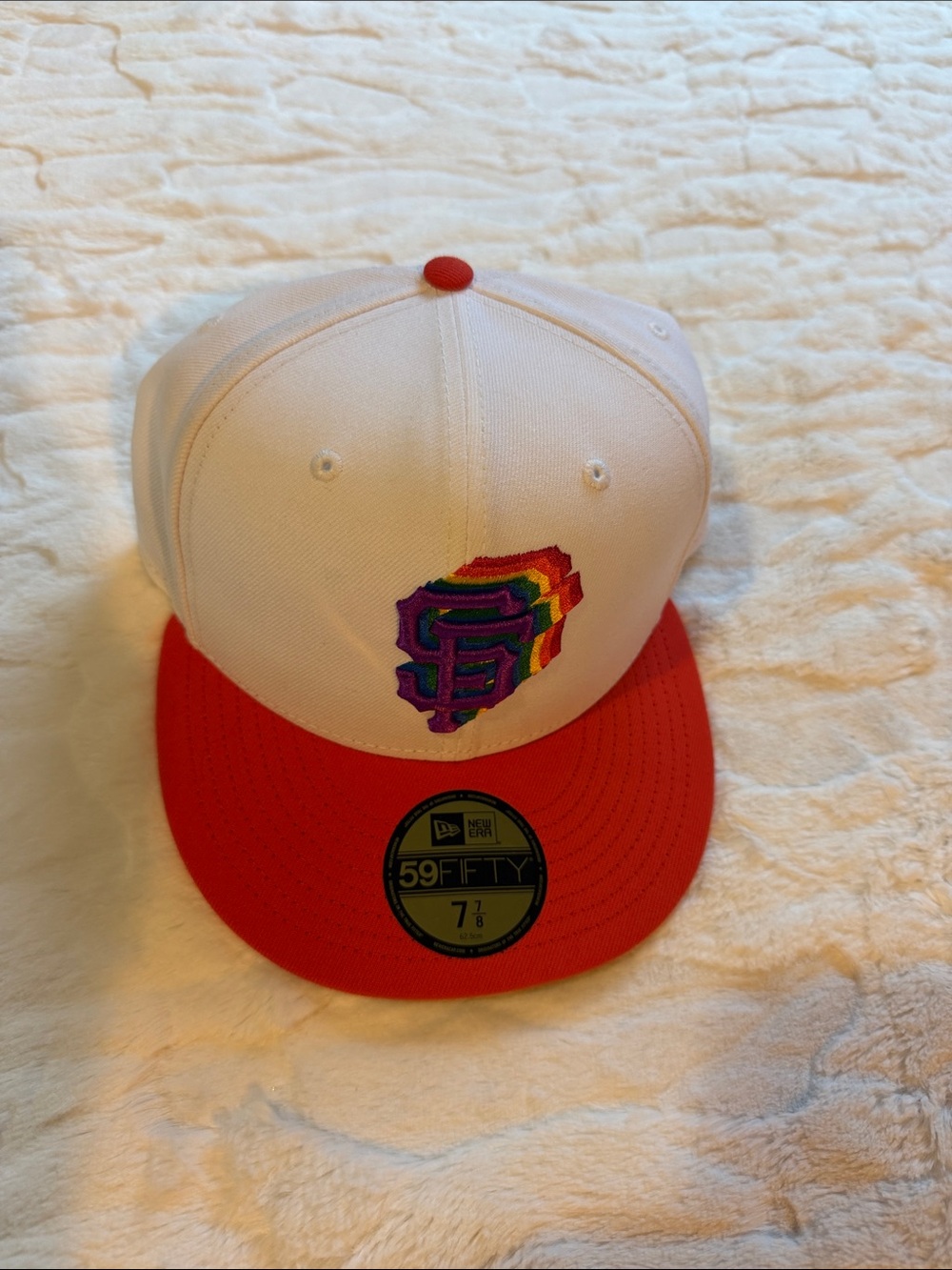 New Era Men’s White and Red Snapback with Rainbow SF Logo